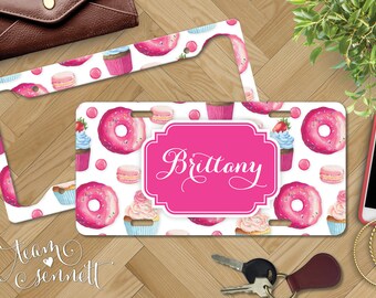 Sweet Shoppe Personalized License Plate - Pink Donut & Cupcake Pattern - Monogrammed Car Vanity Plate and Frame - Custom Dessert Auto Decor