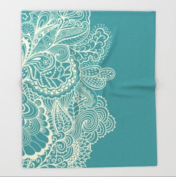 Teal Green Throw Blanket Mehndi Henna Paisley Design Pattern