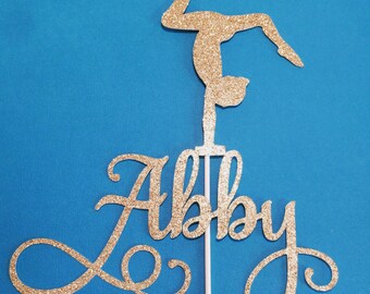 Glitter card stock cake topper, personalized with name, gymnastics figure, topper, party centerpiece, gold, silver, blue, purple and more