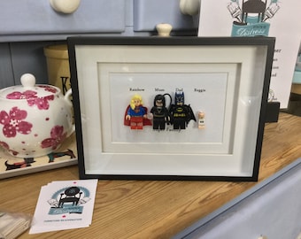 Superhero Family Batman Superman Supergirl Robin BatBaby SuperBaby Personalised Lego replica frame great Blended family gift or Mother's Day
