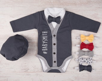 Baby Shower, Baby Boy Clothes, #LAST NAME Personalized Baby Boy Graphite Gray Cardigan, Bodysuit, Hat & Bow Tie Set, Baby Boy Outfit, Gifts