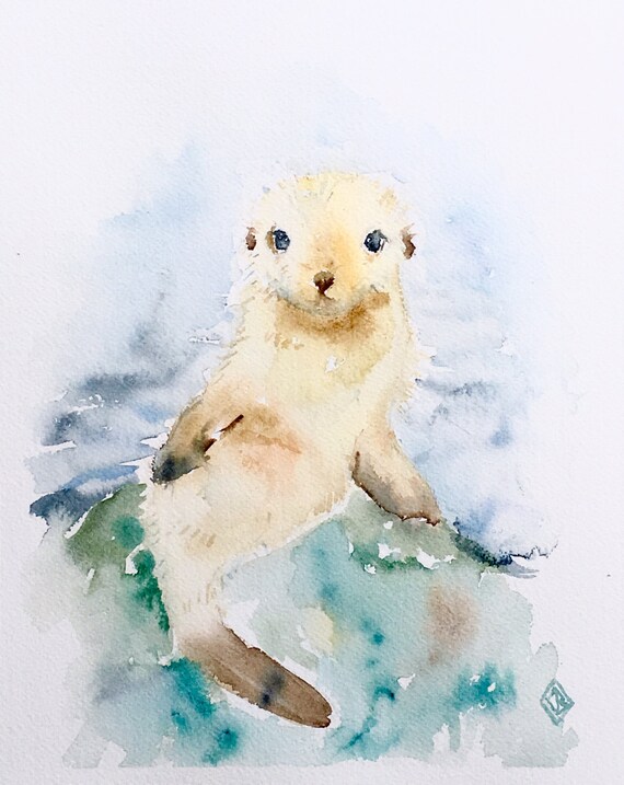 Baby seal 8x10 original watercolor painting by FernOriginalArt