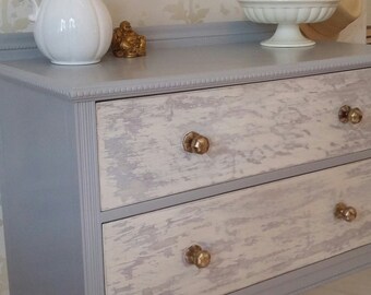 Solid Wood Light Grey and Brass Distressed Chest of Drawers Shabby Chic Elegant Bedroom Furniture Dresser Vintage