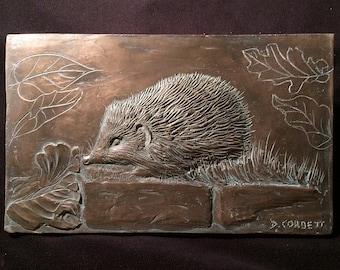 Hedgehog wall sculpture, cold cast bronze animal ornament, garden sculpture, animal art gift, woodland animal art, hedgehog picture