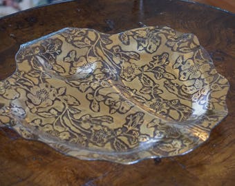 Hollywood Regency Ricco Verre Belgium Glass Gold Embossed/ Bent Glass Serving Tray/ Vintage/ Hors d'oeuvres Tray/ Ricco Verre De Belique
