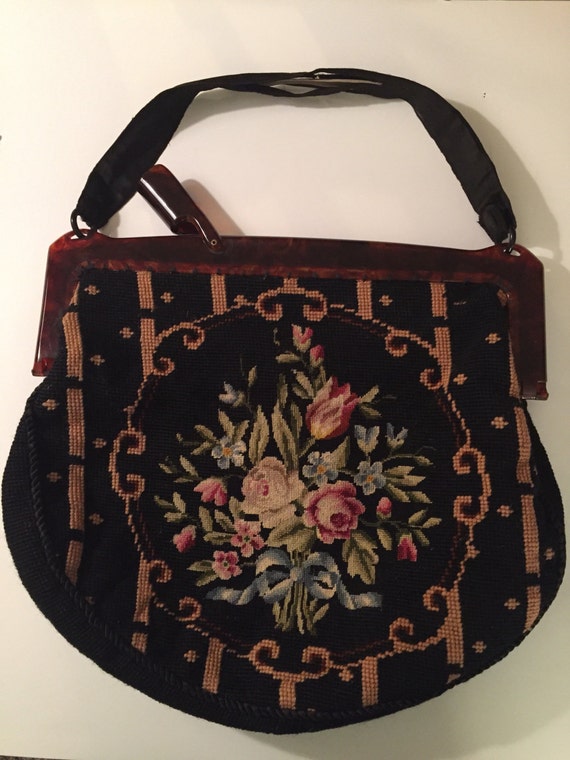 Needlepoint Handbag Large with Lucite handle and beautiful lining As Is handle