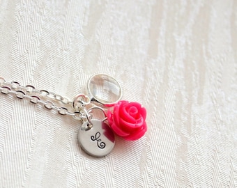 Fuchsia Rose Necklace - Bridesmaid Necklace - Fuchsia Flowergirl Necklace - Fuchsia Wedding - Vintage Wedding - Hot pink Rose Necklace gift