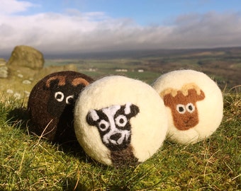 Wool dryer balls, pack of 3 mixed Welsh breed sheep felted laundry balls, reusable, chemical free laundry, natural fabric softener