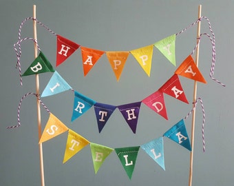 Personalised rainbow 'happy birthday' fabric cake topper bunting.