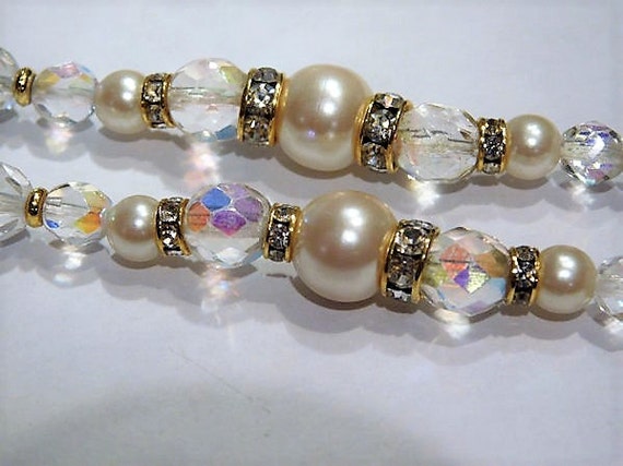 Vintage Aurora Borealis Faceted Crystal Rhinestone and Faux Pearl Necklace 30" Opera Length Necklace Wedding Bride Bridal Jewelry