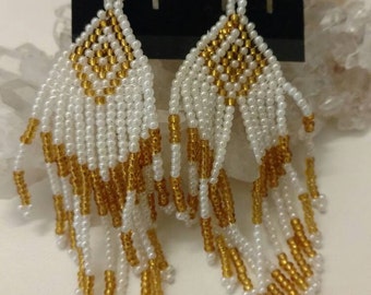 Gold and White Seed Bead Earrings