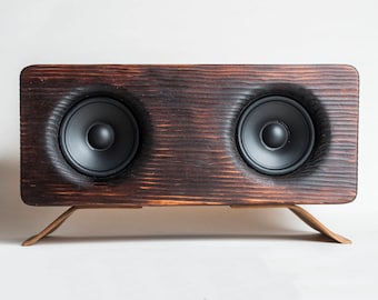 Wood Bluetooth Speaker - Shou Sugi Ban Pine w/ Amazique/Shedua Bentwood Legs - Rustic, Mid-century Modern Fusion - Handmade in California
