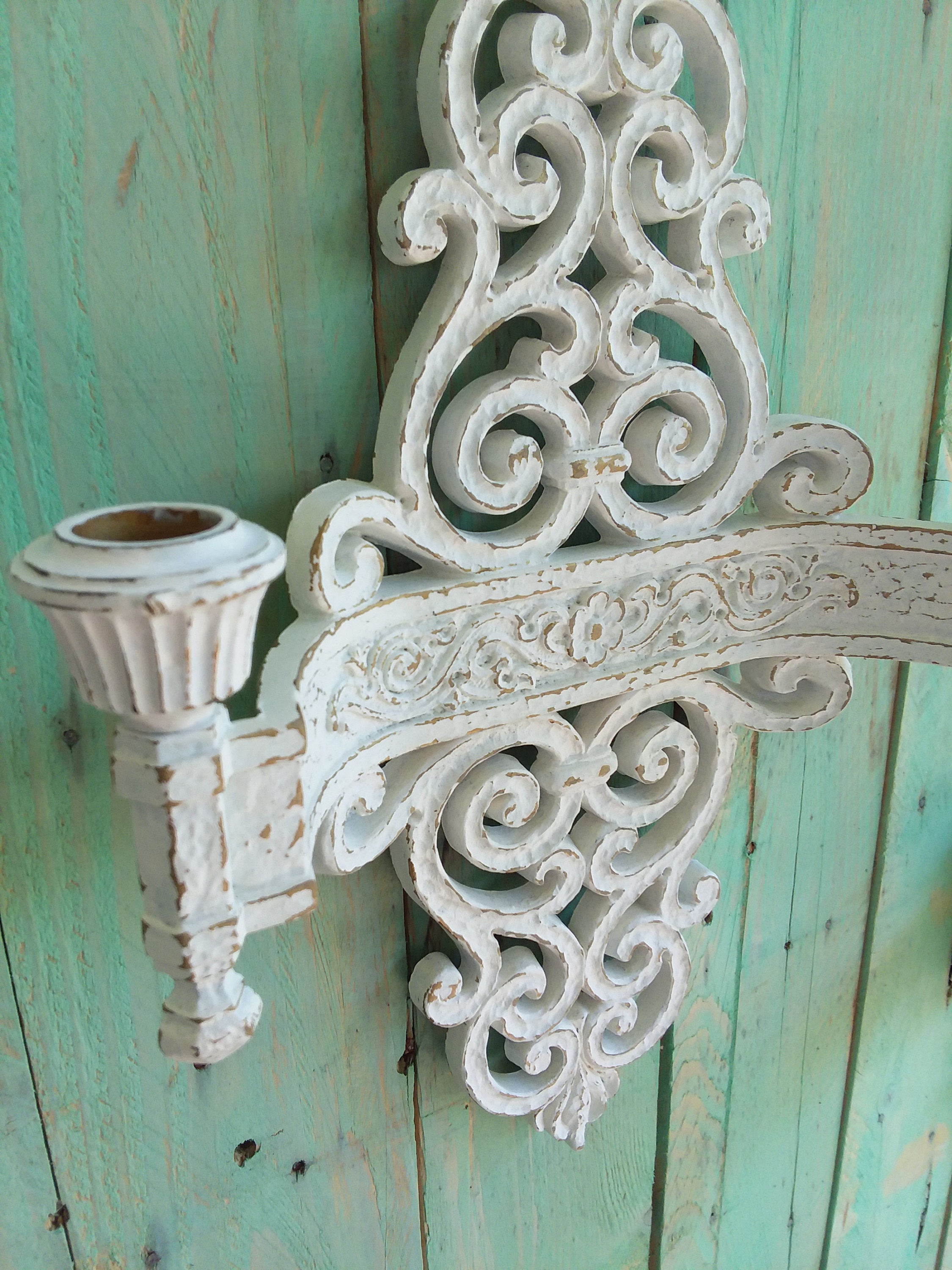 Vintage Shabby Chic Rustic Ornate Syroco Candle Wall Sconces
