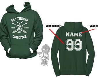 CHASER - Custom back, Slytherin Quidditch team Chaser White print printed on Forest green Hoodie