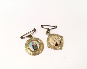 Two Vintage Religious Pin Brooches In Gold Tone Frame