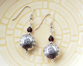 Silver Bead Earrings with Mini Amethyst Glass Bead Thai Hilltribe Silver Dangle Drop Earrings