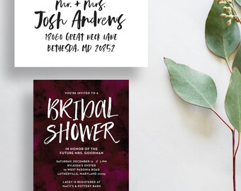 watercolor bridal shower invitations // eggplant bridal shower invite // wine watercolor invite // deep purple // PRINTED invites // custom
