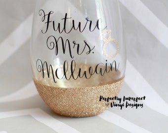 Stemless Wine Glass/Wedding Wine Glass/Engagement Gift/Future Mrs. Glass/Shower Gift/Glitter Dipped Wine Glass/Wedding planning glass