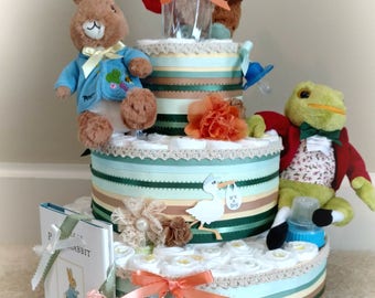 Peter Rabbit Diaper Cake, peter rabbit baby shower, diaper cake, rabbit cake, Peter rabbit characters and Book, 3 Tier