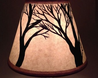 4" x 5" hand painted lamp shade * tree silhouettes may vary. Craft paper shade. Clip on chandelier shade. Clip on desk lamp shade.