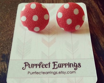 Handmade 19mm peach and white poka dot fabric button earrings