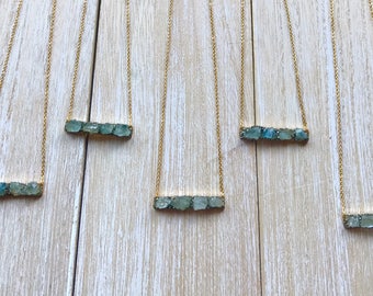 Aquamarine necklace, March birthstone pendant, gold bar necklace, raw gemstone jewellery, stone pendant, aquamarine jewellery