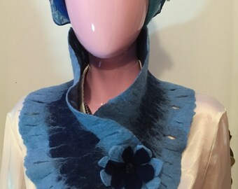 Felt scarf, scarf, Shawl, felted scarf, felted collar, Ruffled Shawl, flower scarf, blue shawl
