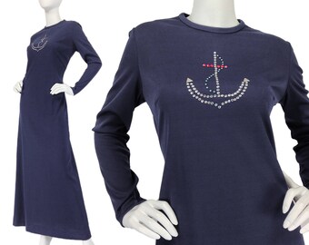 Vintage Clothing, 70s Maxi Dress M L, Sailor Dress, Nautical Dress, Navy Blue Dress, Long Sleeves Dress, Navy Blue Maxi Dress, SIZE M L