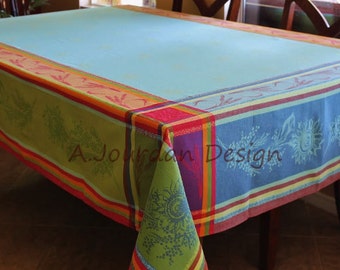 French Tablecloths Provence Cezanne Blue Jacquard Woven Teflon Coated - 100% Cotton Tablecloth - Matching Jacquard napkins available