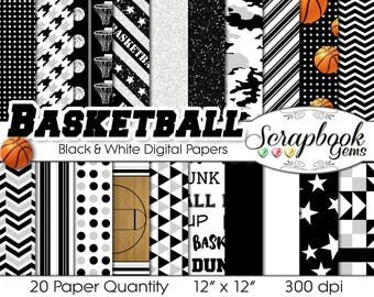 Basketball Digital Papers Black, Silver, & White, 20 Pieces, 12" x 12", High Quality JPEGs, Instant Download Commercial Use Sports Glitter