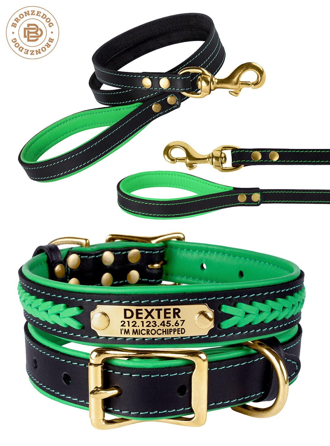 Dog Collar Leash Set Green Leather Soft Padded Personalized