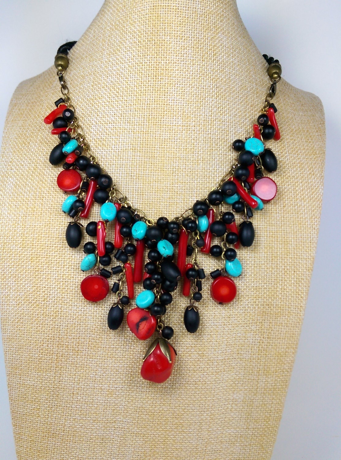 Multi Gemstones Cluster drop Necklace. red Coral Turquoise