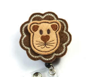 LION Badge Reel, Lion Lanyard, Brown lion badge reel, Felt badge Reel, Lion felt badge Reel, Retractable badge reel
