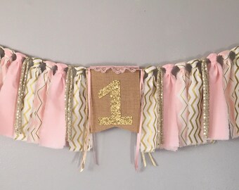 Light Pink and gold Birthday banner, one burlap banner, pink gold highchair banner, first birthday decorations, smash cake, first birthday