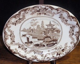 Brown Transferware Asian Oval Plate
