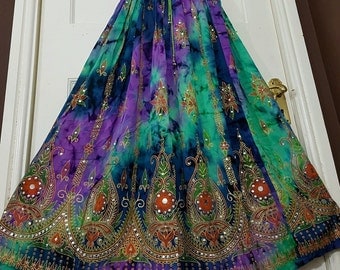 Ladies Boho Hippie, Gypsy, Long Skirt, Party Sequin, Rayon Tie/Dye, Block Painted, Aqua Green/Blue/Purple Handmade freesize XS S M L
