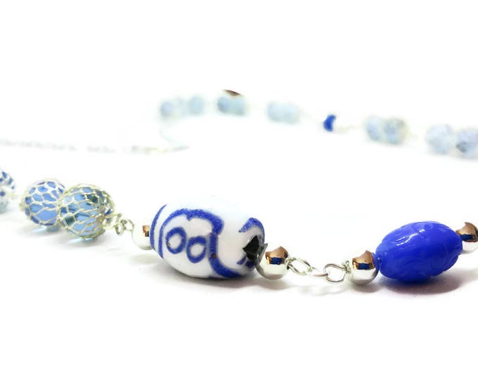 Blue and White Porcelain Bead Statement Necklace, Beaded Statement Necklace, Blue & White Porcelain Bead Necklace, Unique Birthday Gift,N017