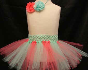 Baby Girl Tutu Set Toddler Tutu Coral Mint Cake Smash First Birthday Tutu Newborn Photo Prop Pearl Rhinestone Flower Headband Skinny Elastic