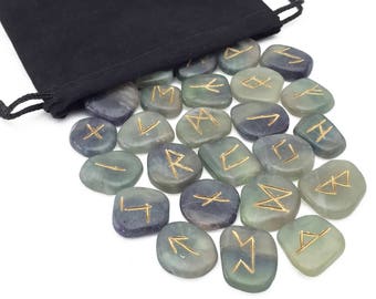 Fluorite Elder Futhark Rune Set Hand Carved Gemstone Runic