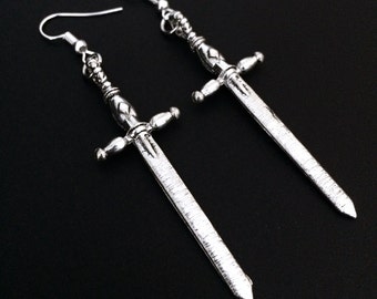 Sword Earrings, Sword Jewelry, Gothic Jewelry, Grunge Earrings, Silver Swords, Medieval Swords, Claymore, Long Sword