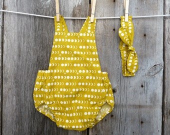 Organic baby girl romper, baby girl gift, boho baby girl, summer baby clothes, moonchild clothes, mustard romper, bohemian baby, space baby