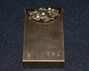Vintage Gold Tone Cigarette Case, Brass Cigarette Case, Monogram Initials V.S.L, Ladies' Cigarette Case, Tobacco Box Decorated Faux Pearls