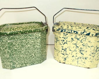 Vintage French Lunch Pail. Kitchen Storage Pot Enamel, Graniteware. Choice of two. Green and Yellow or Yellow and Dark Greeny Blue