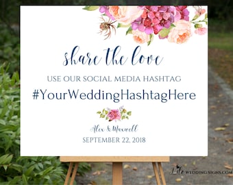 Hashtag Sign | Share The Love | Peonies Wedding Decor | Bohemian Wedding Decor | Navy Wedding Calligraphy | Digital File SKU# IDWS503_3619C