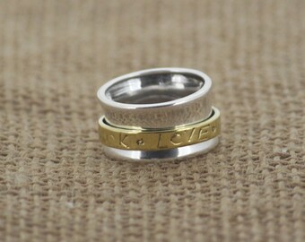 925 Sterling Silver & Brass 'Spinner Ring' Written luck, Love , Bliss, Joy,
