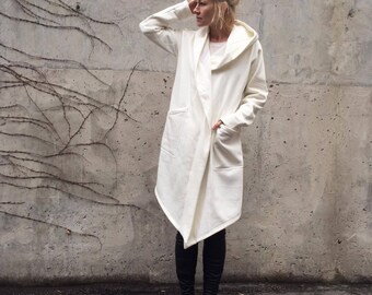 17% Sale White Hooded Jacket / Long Coat / Assassin Style / Hooded Coat / Unisex Hoody / Oversized White Coat / Urban Mantle / Jedi Coat