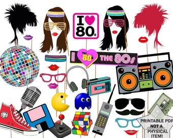 80s Photo Booth Props: "80'S PARTY PROPS" 1980's Era photobooth Props 80s party printable Eighties party Fun Photo Booth Instant download