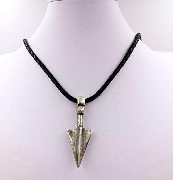 Black Leather Arrowhead Men Necklace Antique Silver Arrowhead