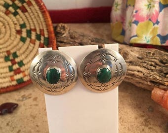 Vintage Navajo Malachite and Sterling Silver Post Earrings Signed