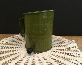 Vintage Flour Sifter Green Bromwells Measuring Sifter Hand Crank Metal Made in the USA Farmhouse Kitchen Decor Repurposed Flower Planter